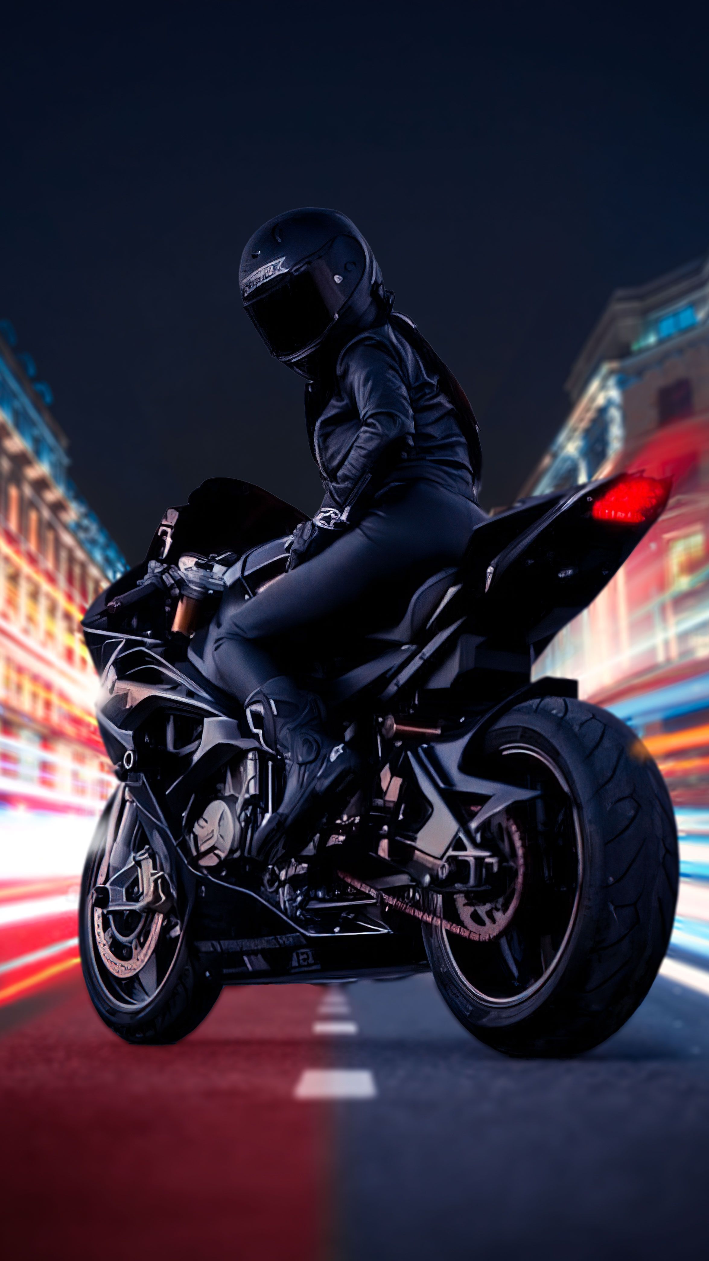 Bikerin, Superbike, Lichtstreifen, Nacht, Schwarz, QHD+, Sperrbildschirm fürs iPhone