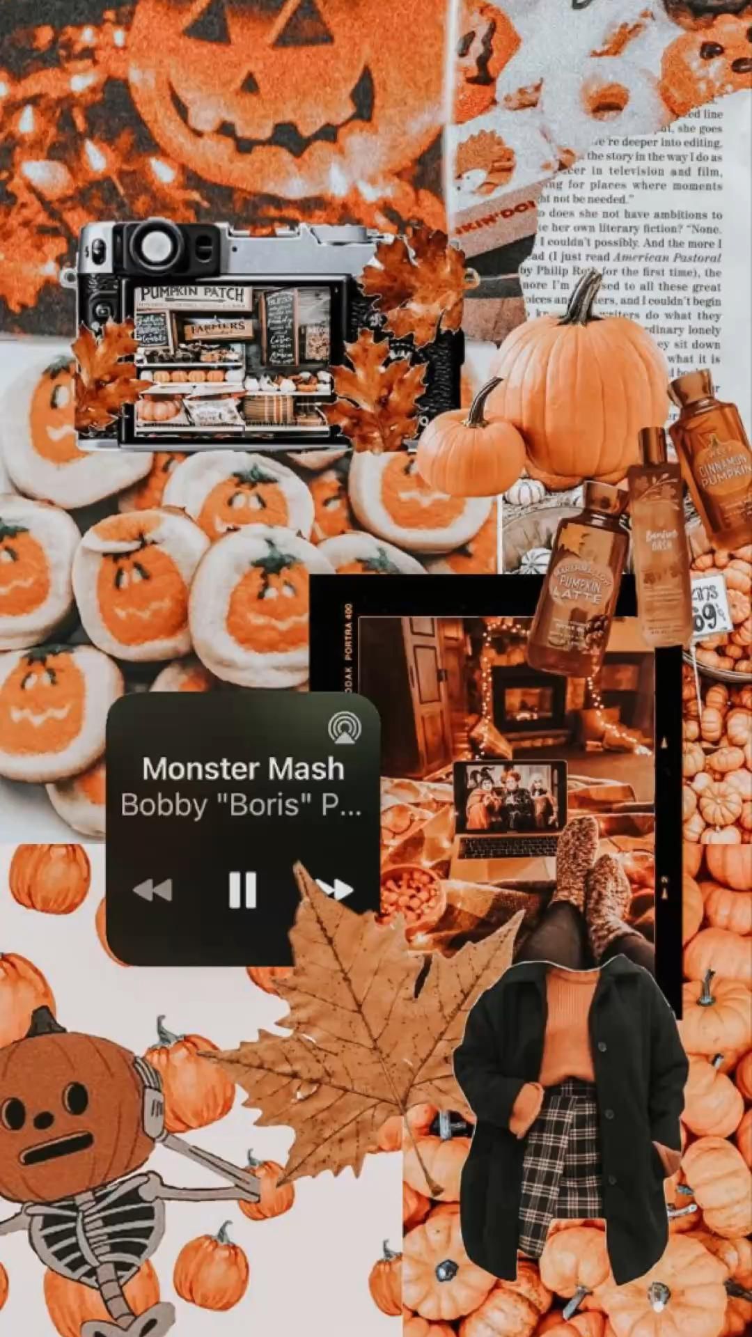 Collage, Herbst, Kürbisse, Musikplayer, Aesthetic, Hintergrundbild für iPhone und Android