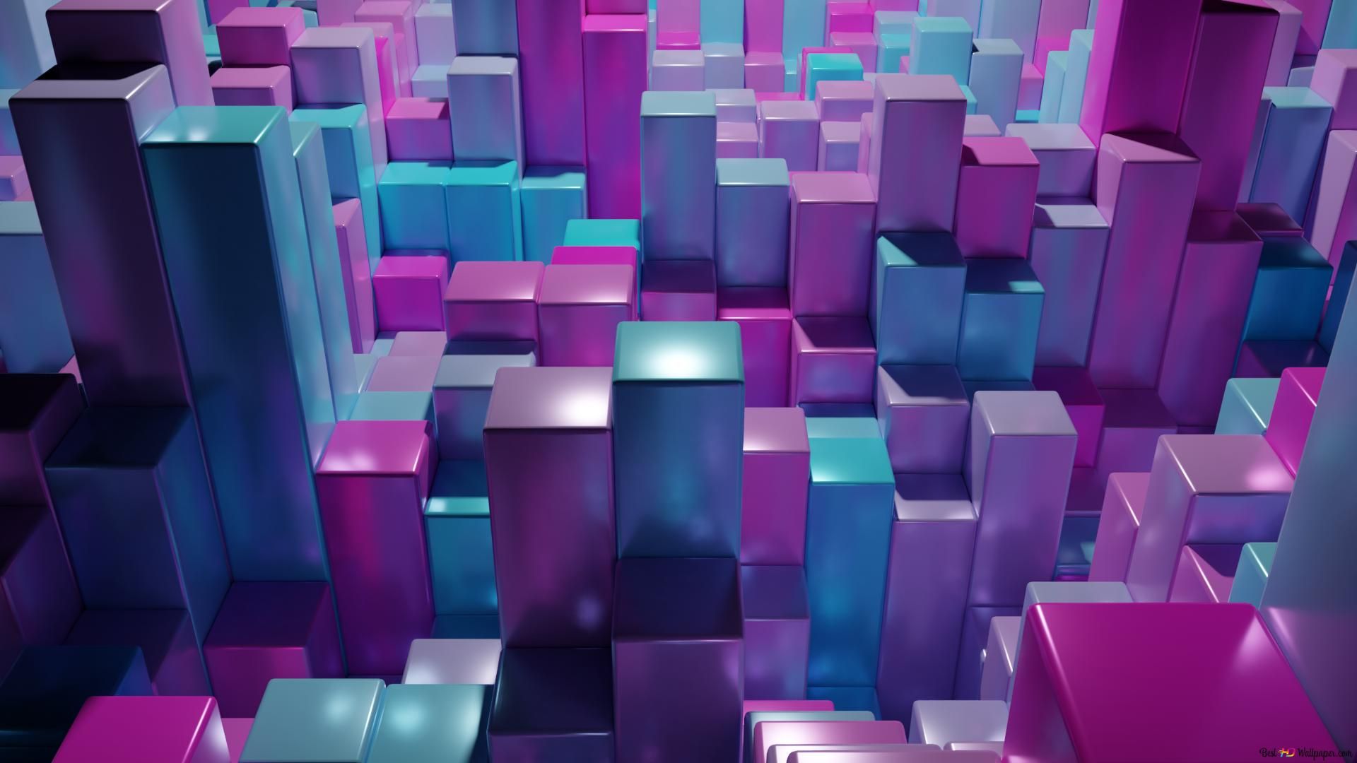Säulen, Blöcke, Lila, Türkis, 3D-Rendering, Full HD 1080p, Desktop-Hintergrundbild