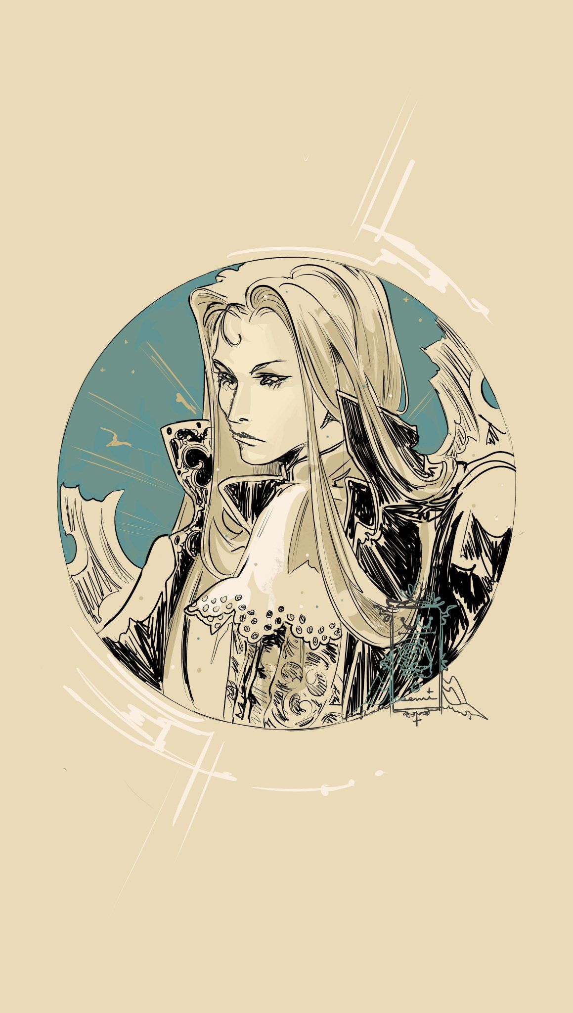 Alucard, Castlevania, Skizze, Rundes Porträt, Beiger Hintergrund, Sperrbildschirm fürs iPhone