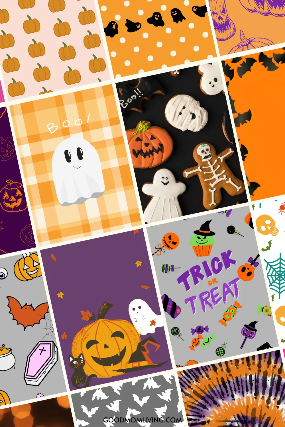 Trick or Treat, Collage, Geister, Karomuster, Lila, Orange, HD, Handy-Hintergrund