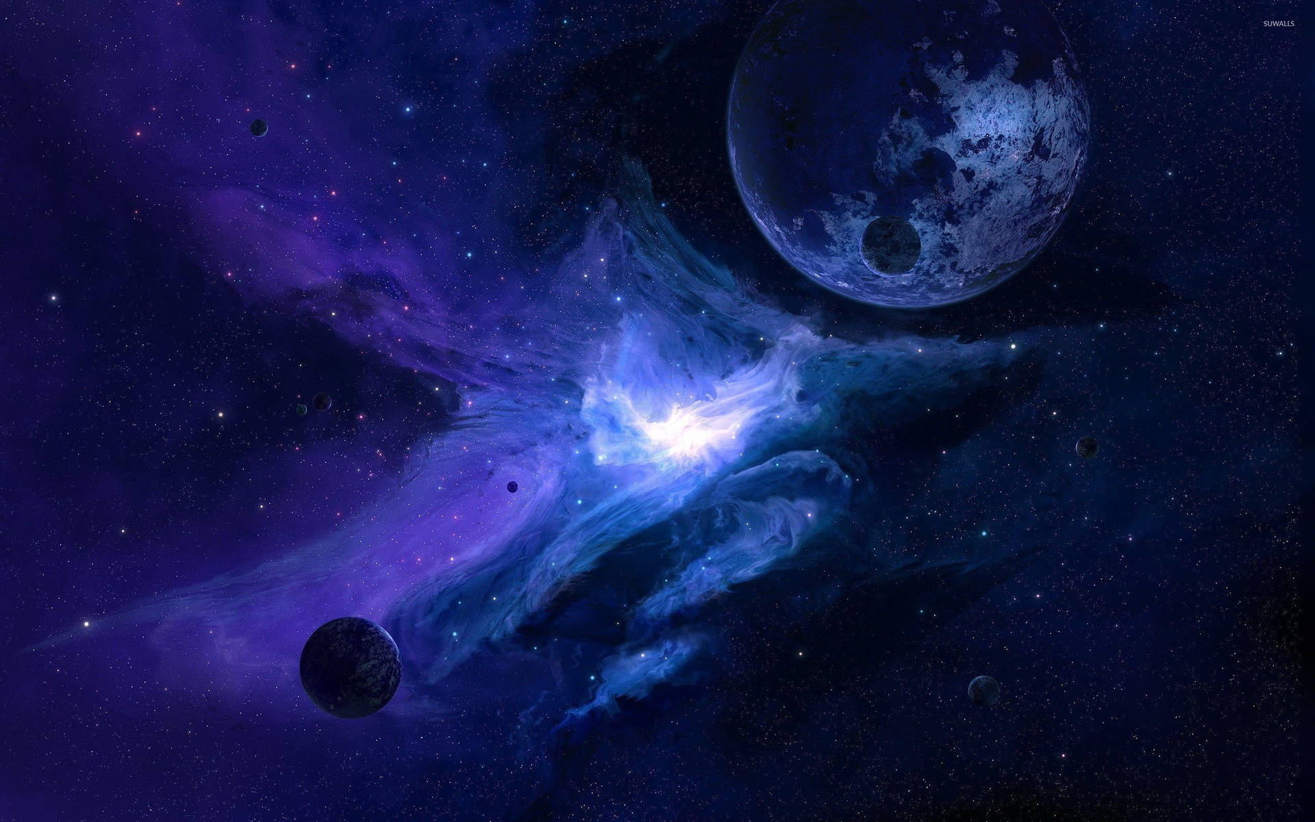 Mond, Planeten, Nebel, Lichtstrahl, Blau, Science-Fiction, Full HD, Desktop-Hintergrund