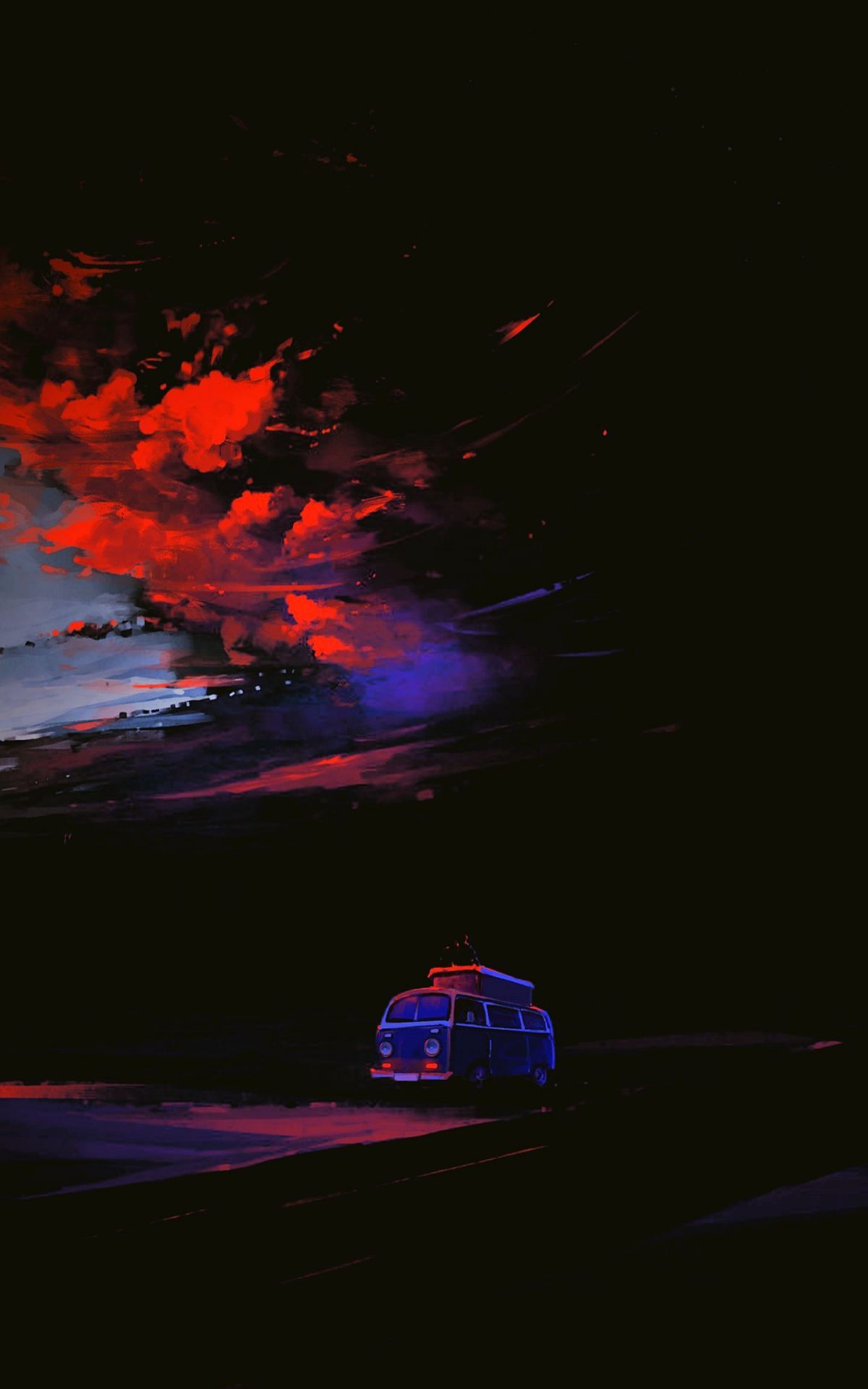 Rote Wolken, Wohnwagen, Nacht, Surreal, Schwarz, Full HD, Hintergrundbild fürs Handy