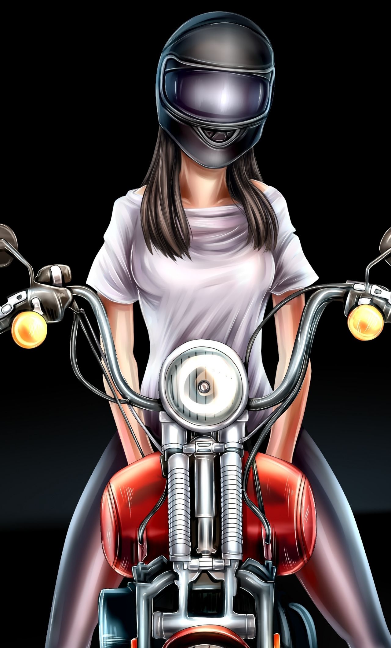 Bikerin, Helm, Chopper, Illustration, Schwarzer Hintergrund, Sperrbildschirm fürs iPhone