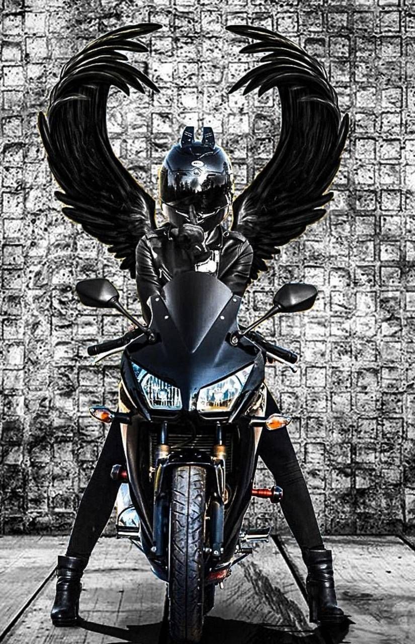 Motorradfahrerin, Flügel, Graffiti, Schwarz-Weiß, Frontansicht, Android-Hintergrundbild