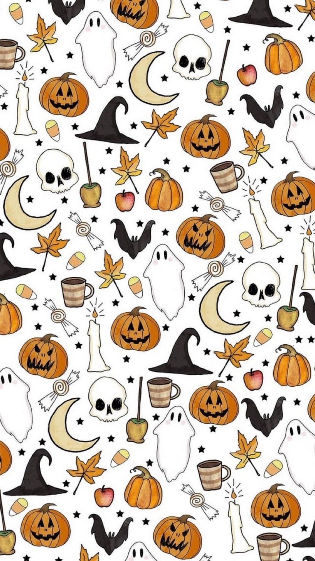 Doodles, Hexenhut, Totenköpfe, Mond, Muster, Weißer Hintergrund, Sperrbildschirm fürs iPhone