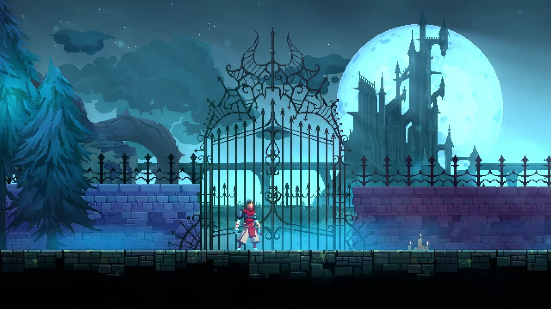 Dead Cells: Return to Castlevania, Draculas Schloss, Vollmond, Tor, Pixel-Art, Blautöne, 1080p Wallpaper