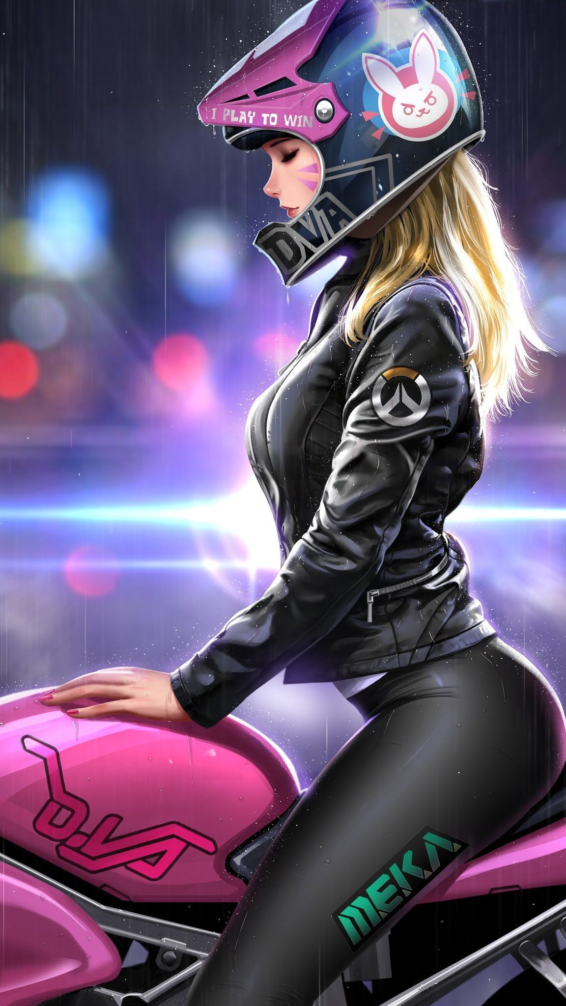Motorradfahrerin, Pinker Helm, Digital Art, Neon, Lederjacke, Full HD, Handy-Hintergrundbild