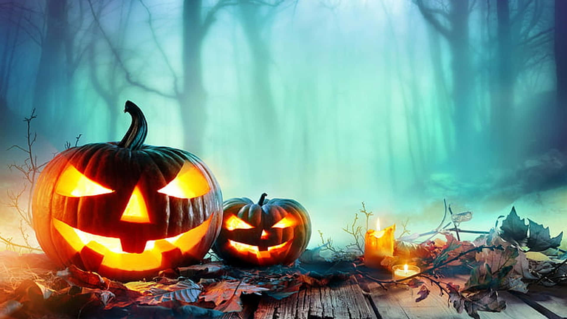 Jack-o’-Lantern, Nebelwald, Kerzen, Gruselig, Türkis, Orange, 1920x1080, Desktop-Hintergrund