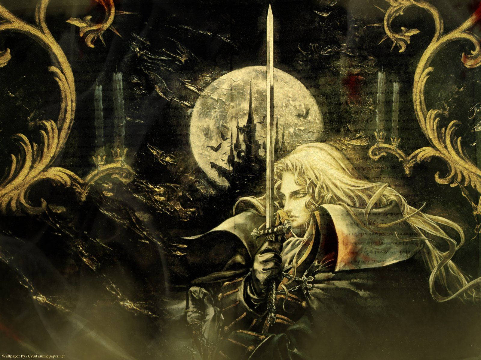 Alucard, Castlevania: Symphony of the Night, Ayami Kojima, Vollmond, Gold-Ornamente, Tablet-Hintergrundbild
