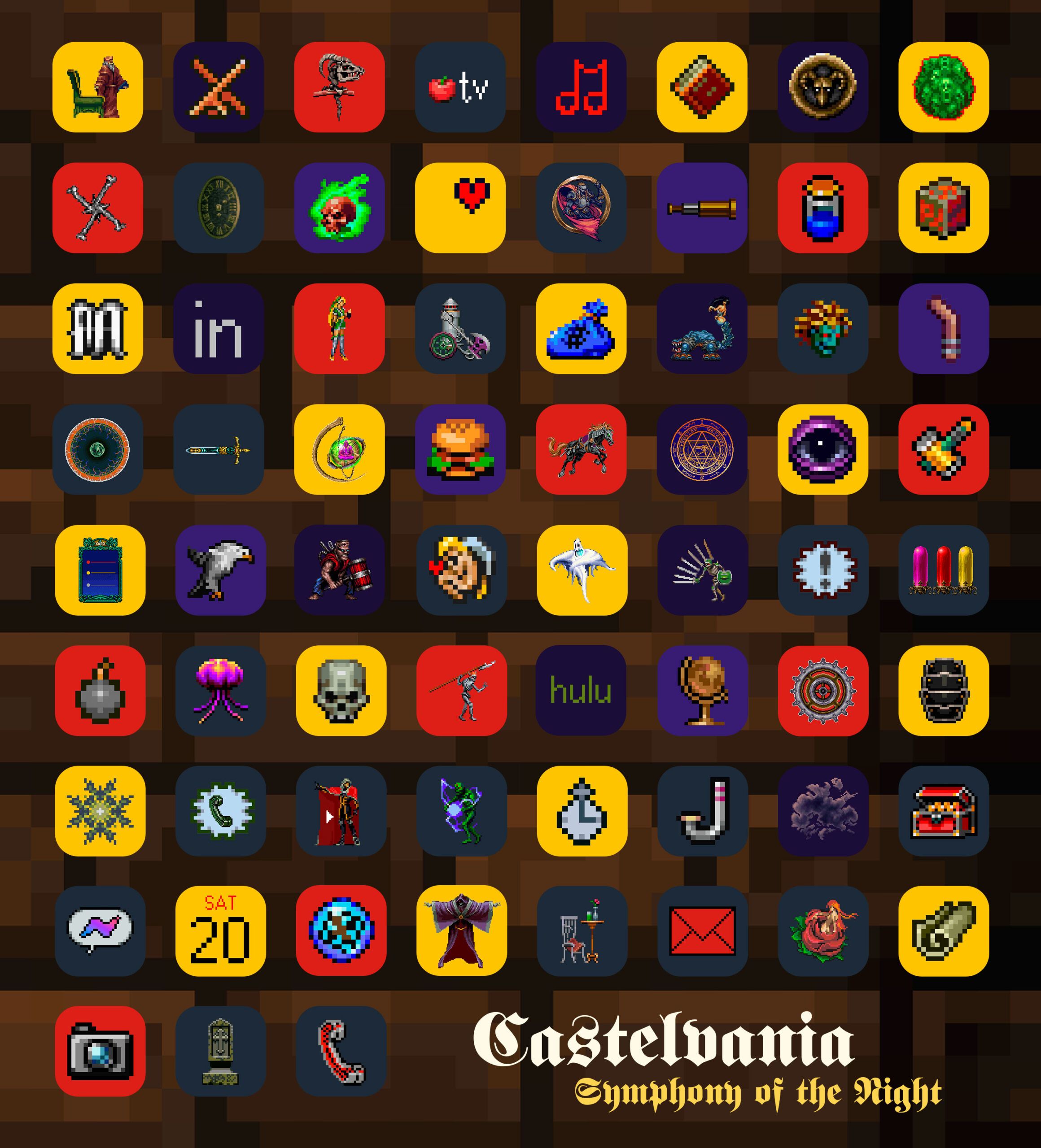 Castlevania: Symphony of the Night, App-Icons, Icon-Set, Bunt, Schwarzer Hintergrund, 2K Wallpaper