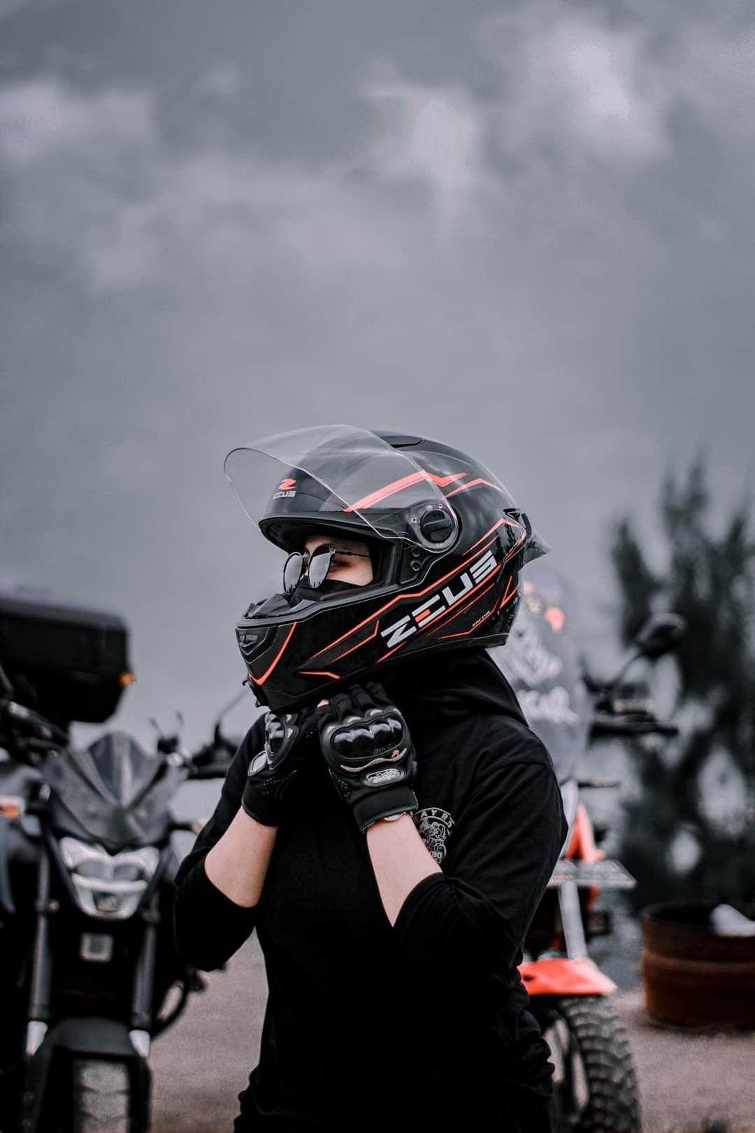 Frau, Helm, Motorradhandschuhe, Bewölkt, Close-up, Full HD, Hintergrundbild fürs Handy