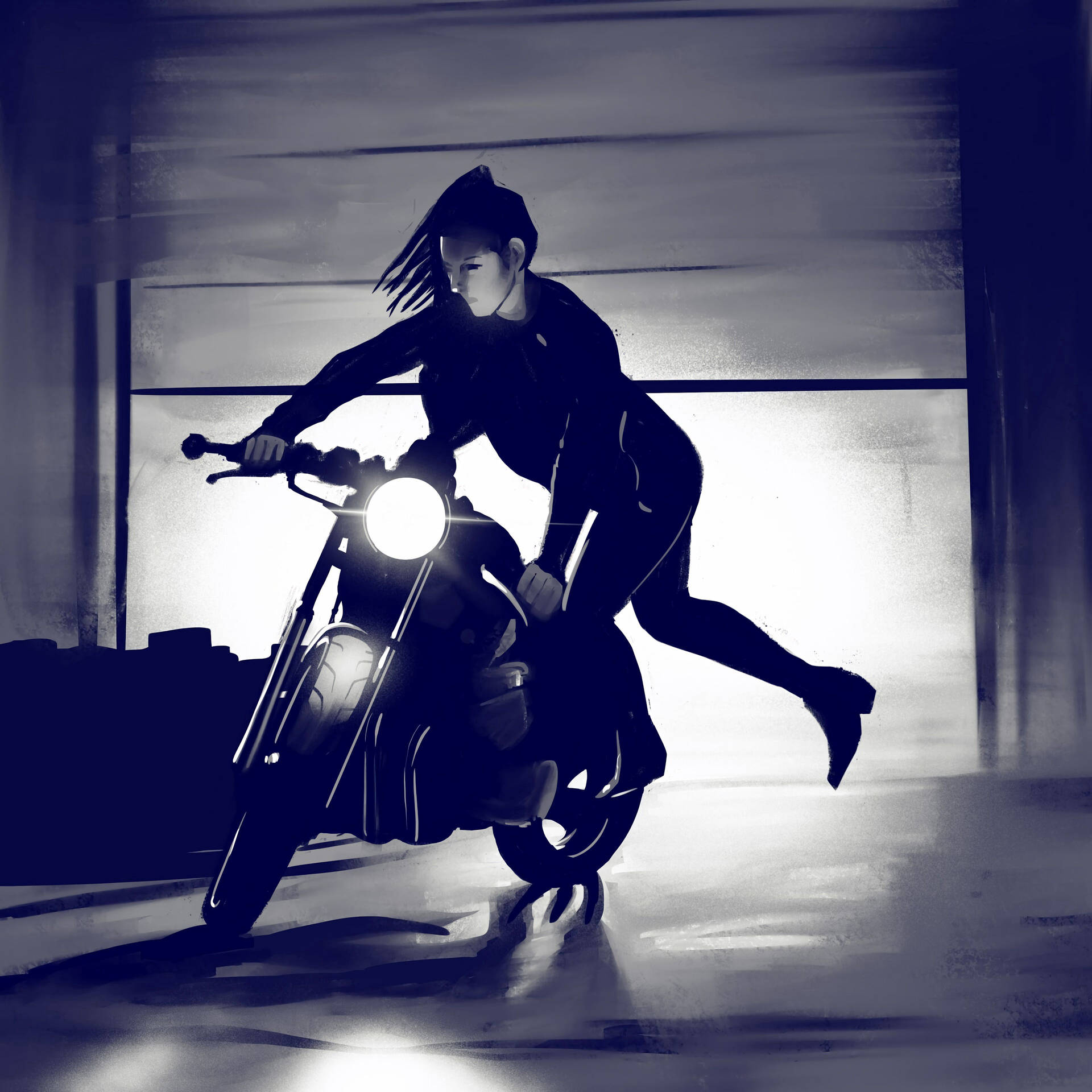 Bikerin, Scheinwerfer, Garage, Illustration, Gegenlicht, Full HD, Tablet-Hintergrund