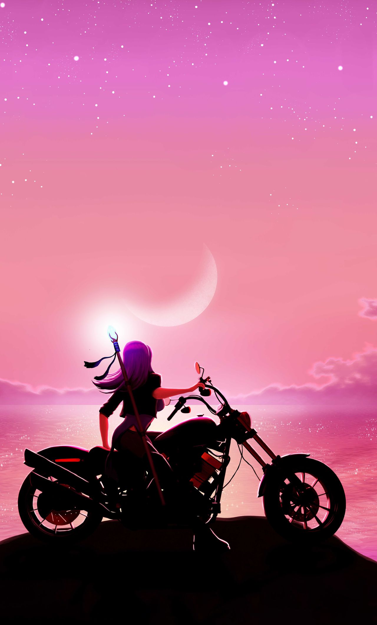 Silhouette, Mondsichel, Cruiser, Pinker Himmel, Sterne, Hochformat, Hintergrundbild fürs Smartphone