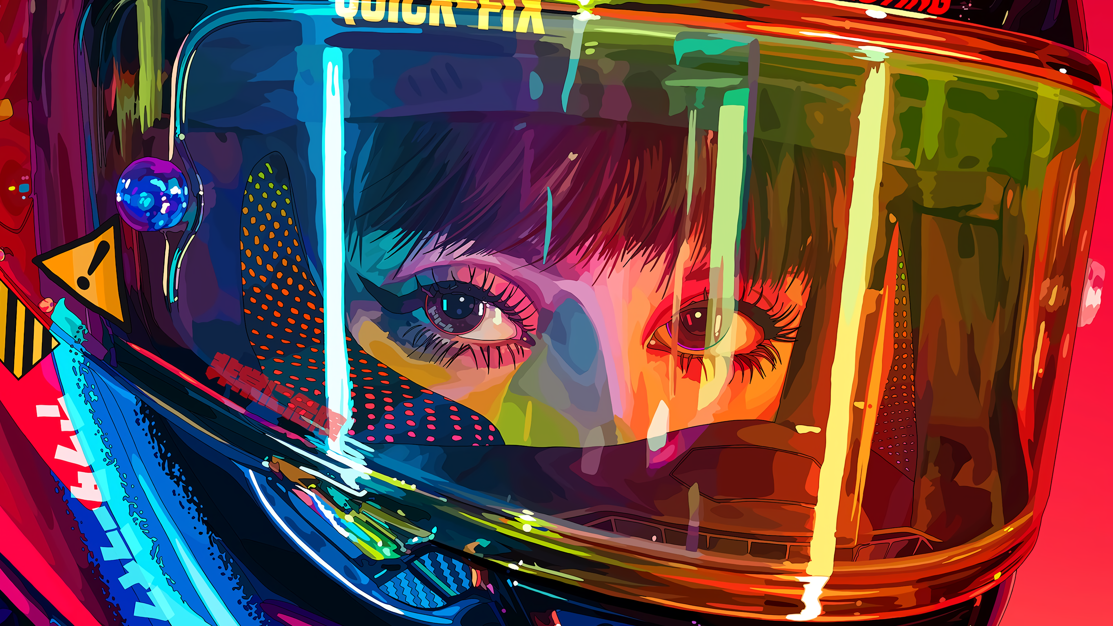 Visier, Augen, Neon, Spiegelung, Close-up, Bunt, 16:9, 4K-Hintergrundbild für den Desktop