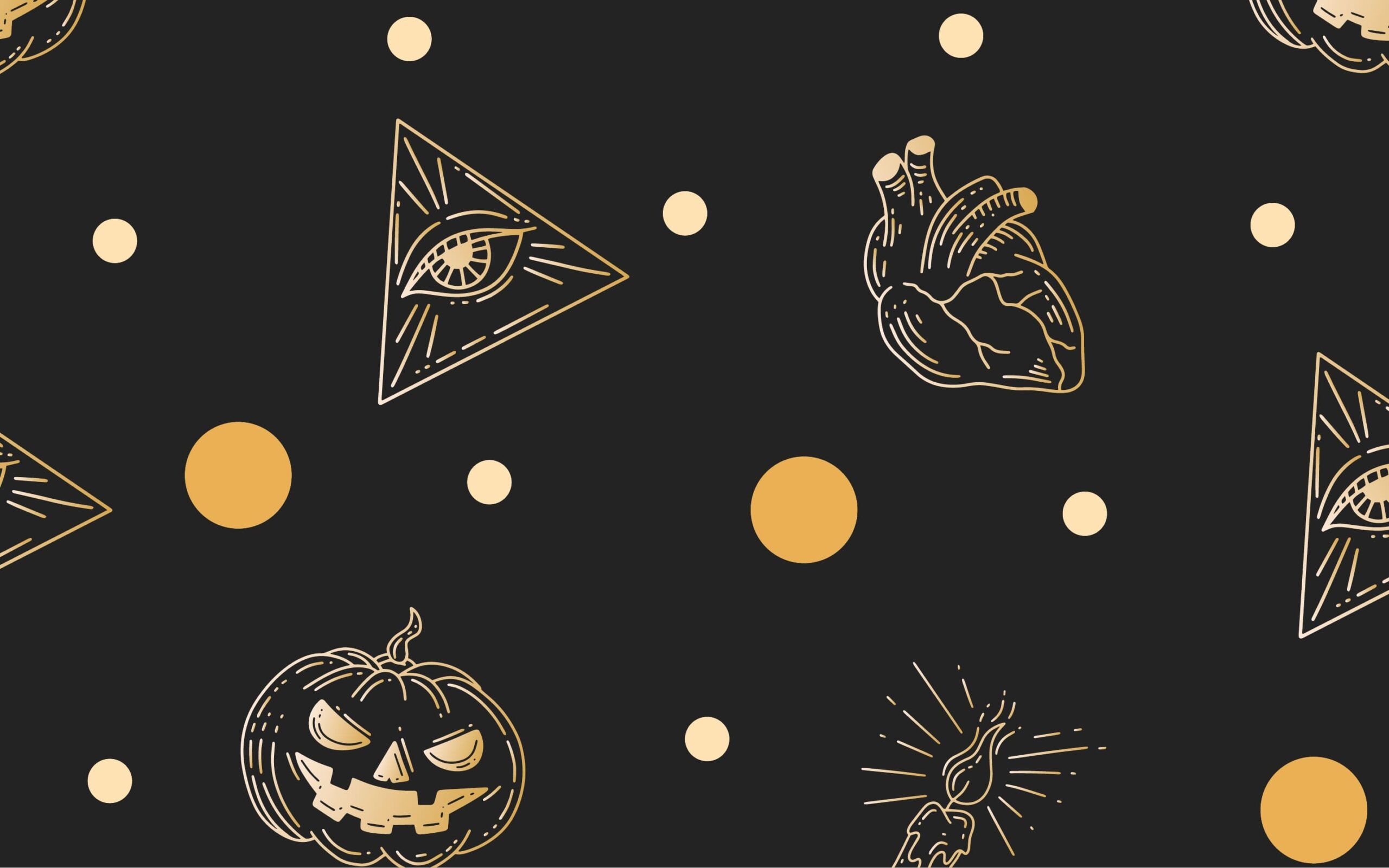 Okkulte Symbole, Kürbis, Herz, Muster, Gold, Schwarz, 2K, Hintergrund für den Desktop