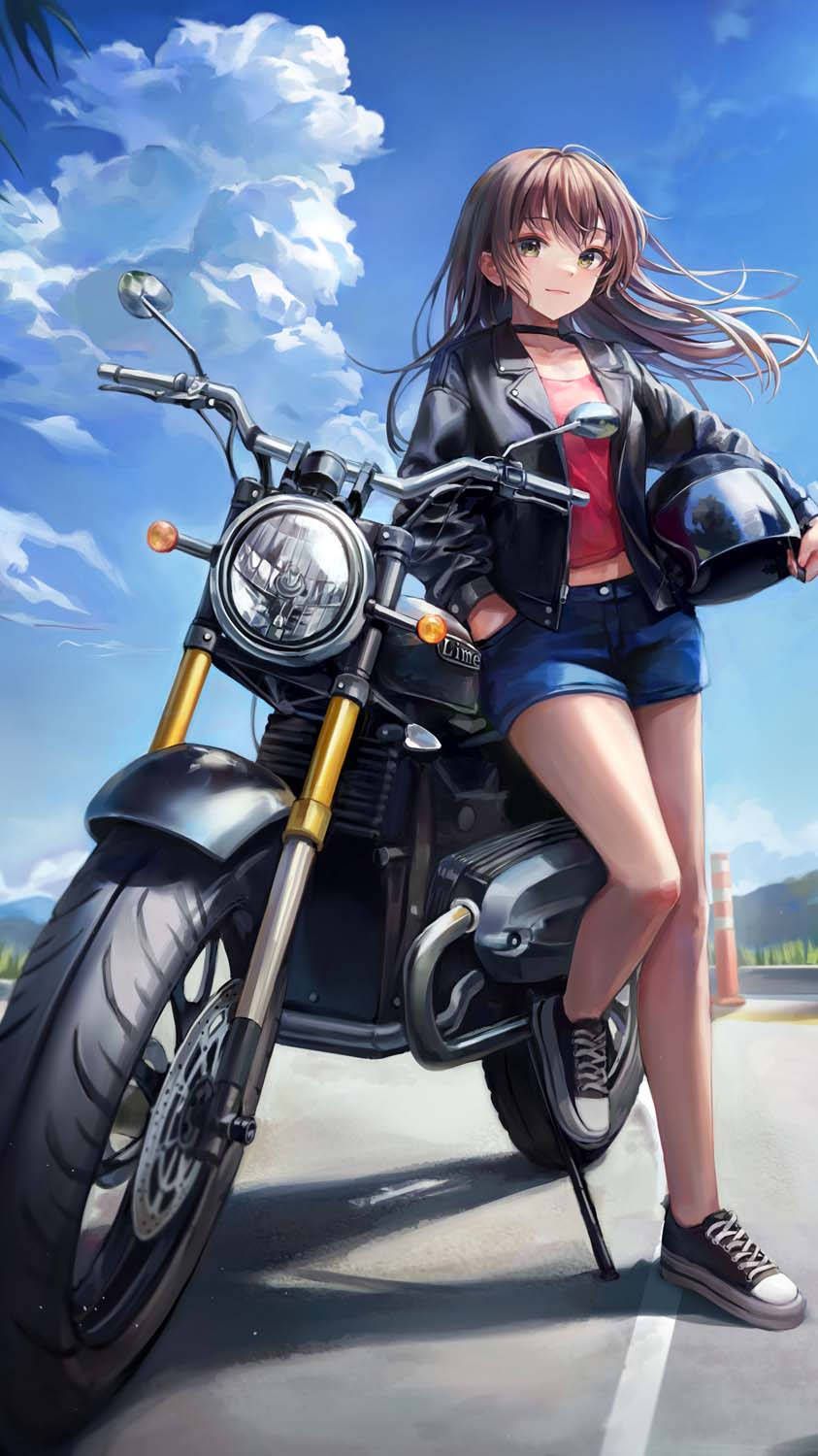 Anime-Mädchen, Naked Bike, Helm, Blauer Himmel, Wolken, Hintergrundbild für iPhone und Android