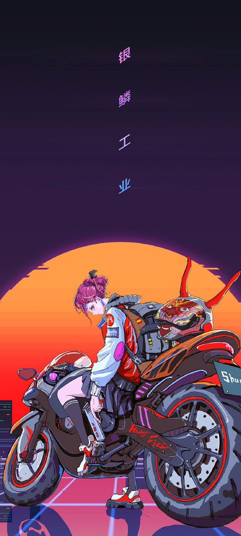 Anime, Motorrad, Sonne, Synthwave, Illustration, HD, Handy-Hintergrund im Hochformat