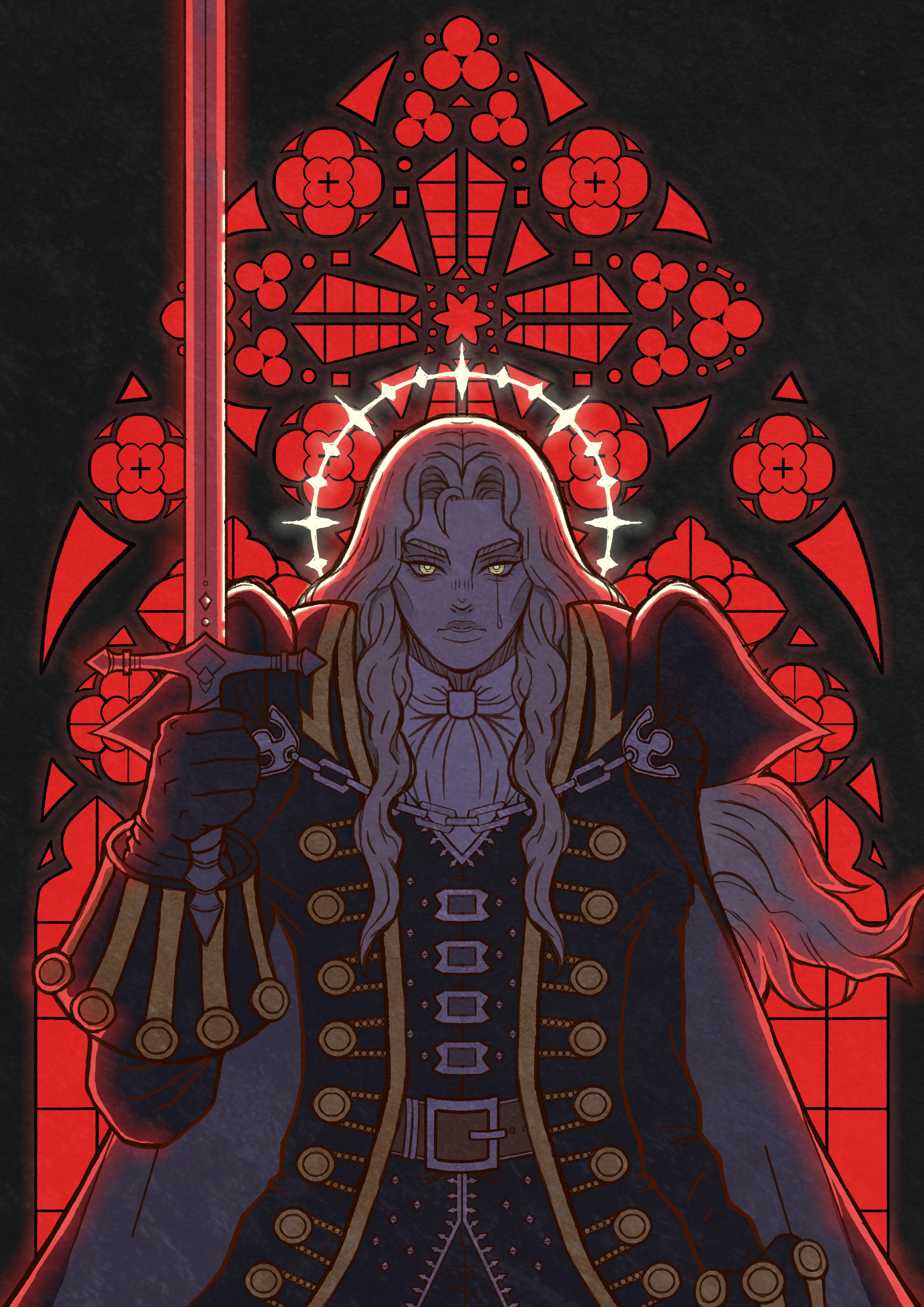 Alucard, Castlevania, Buntglasfenster, Schwert, Rot-Schwarz, QHD+, Tablet-Hintergrund