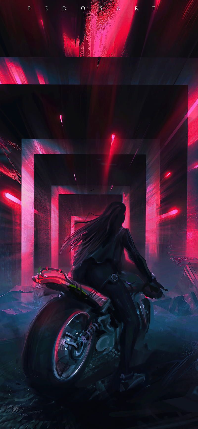 Neon-Tunnel, Motorrad, Silhouette, Pink, Cyberpunk, Hochformat, Hintergrundbild fürs Smartphone