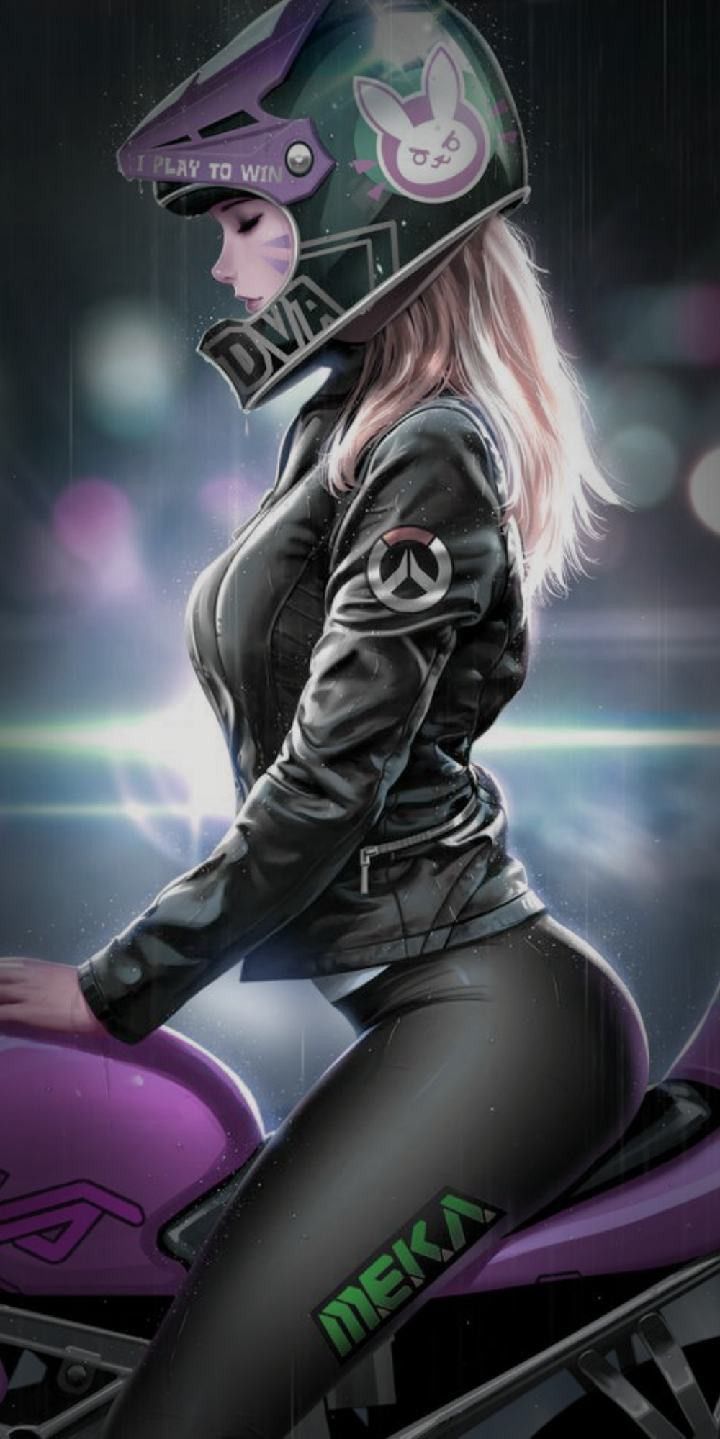 Motorradfahrerin, Digital Art, Helm, Lila, Neon, HD, Sperrbildschirm fürs iPhone