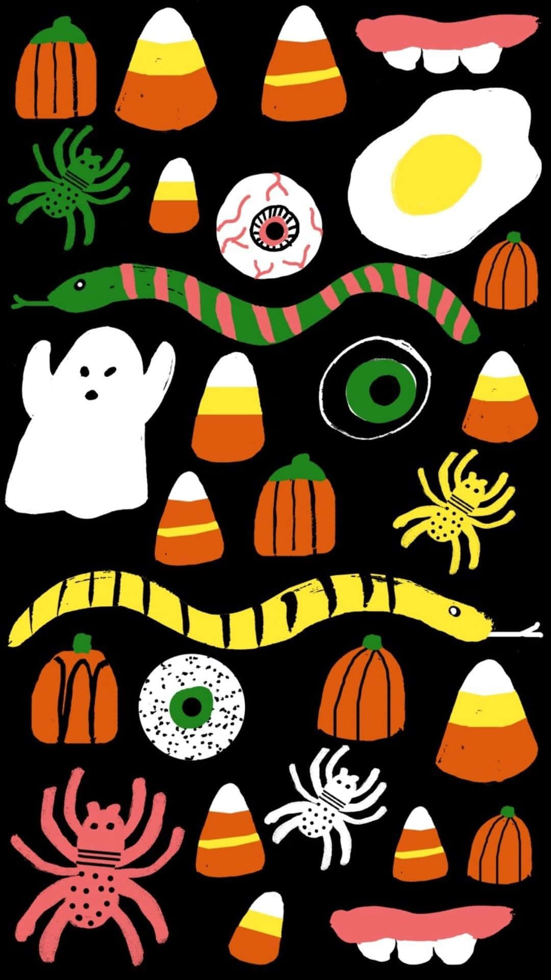 Candy Corn, Spinnen, Geister, Augäpfel, Muster, Schwarzer Hintergrund, Sperrbildschirm fürs iPhone