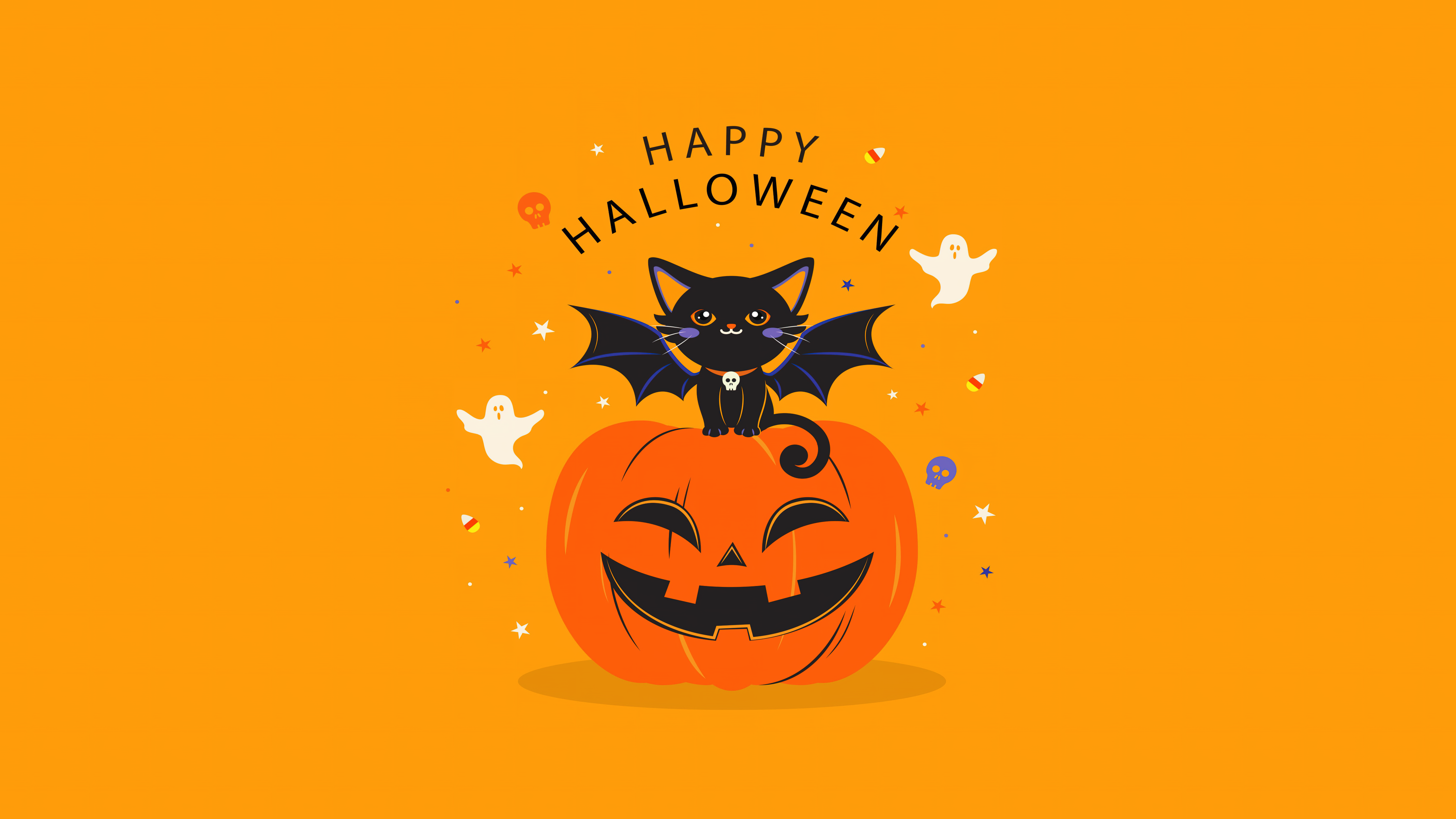 Happy Halloween, Schwarze Katze, Kürbis, Geister, Orange, 5K, Breitbild-Hintergrundbild
