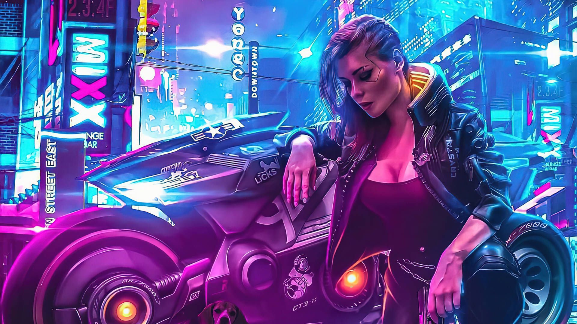 Cyberpunk, Frau, Futuristisches Motorrad, Neonlichter, Stadt, Lila, Full HD, Desktop-Hintergrund