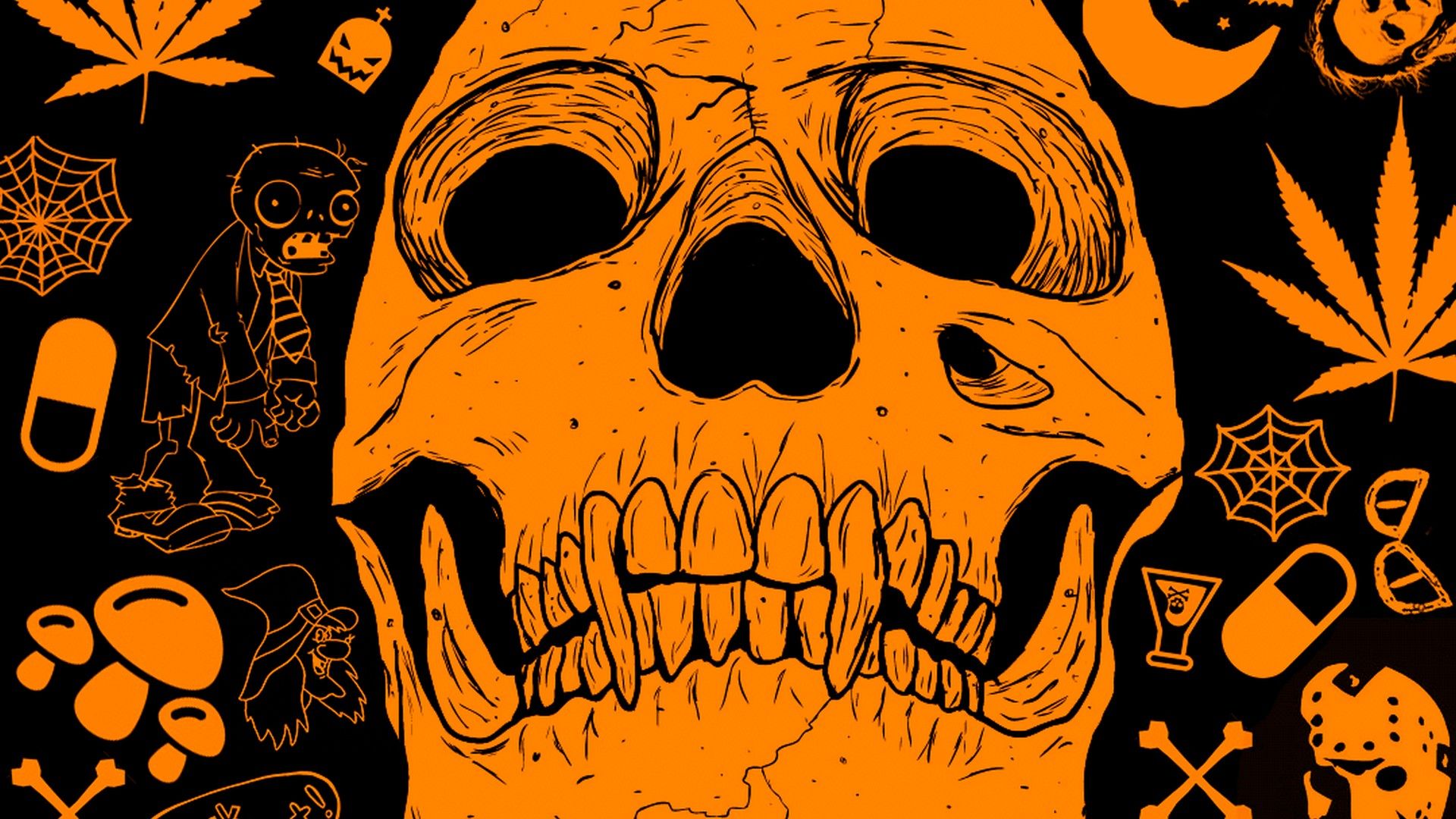 Totenkopf, Illustration, Orange, Schwarz, Spinnennetz, Full HD, Desktop-Hintergrund für Windows