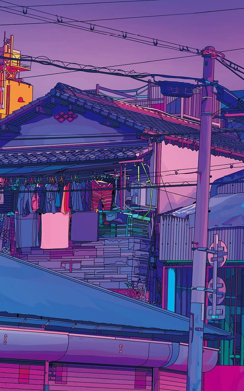 Häuser, Stromleitungen, Lila, Anime-Stil, Japan, Hochformat, Hintergrundbild fürs Smartphone