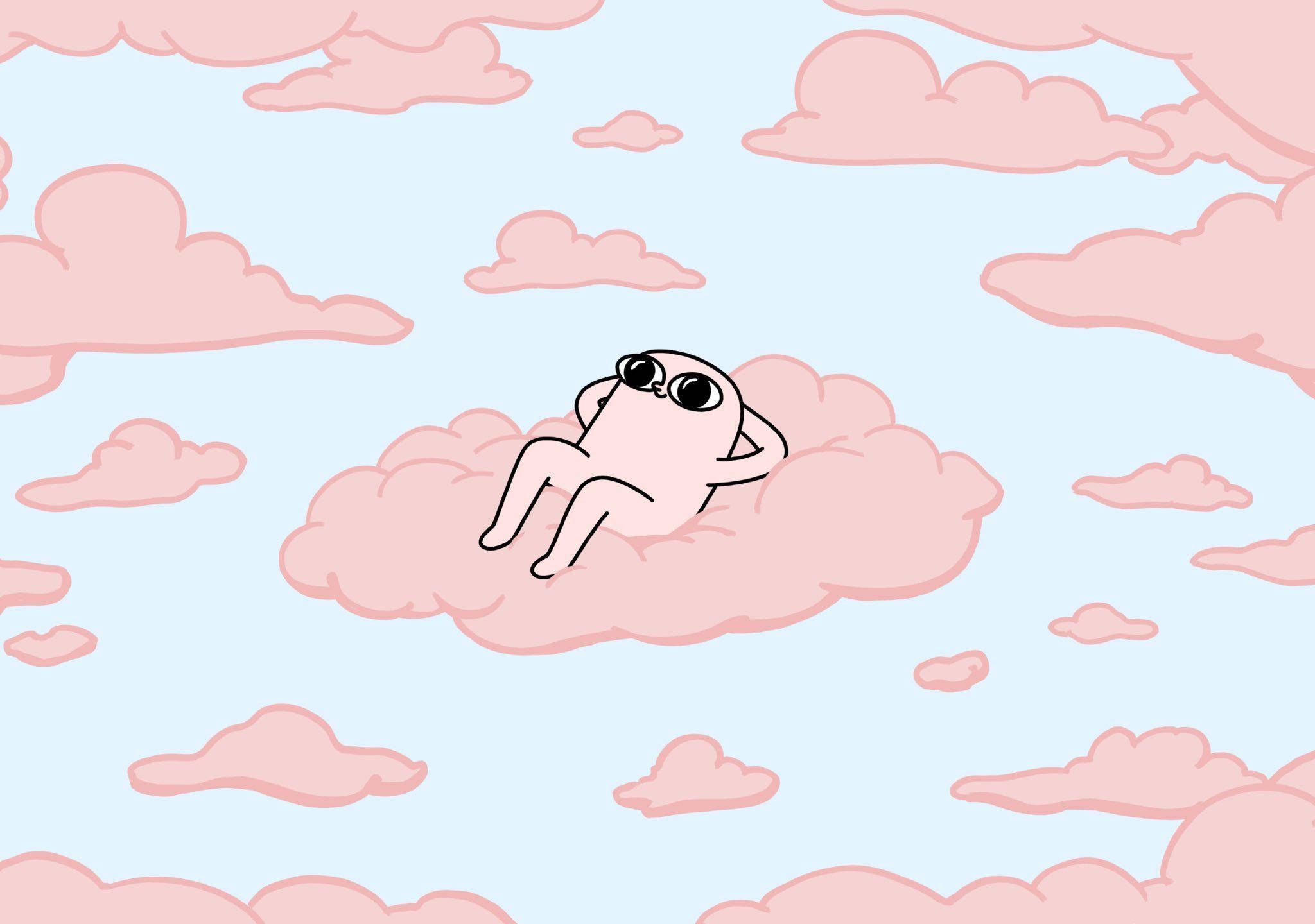 Comicfigur, Wolke, Rosa Wolken, Hellblauer Himmel, Faulenzen, Sonnenbrille, Full HD, PC-Hintergrundbild