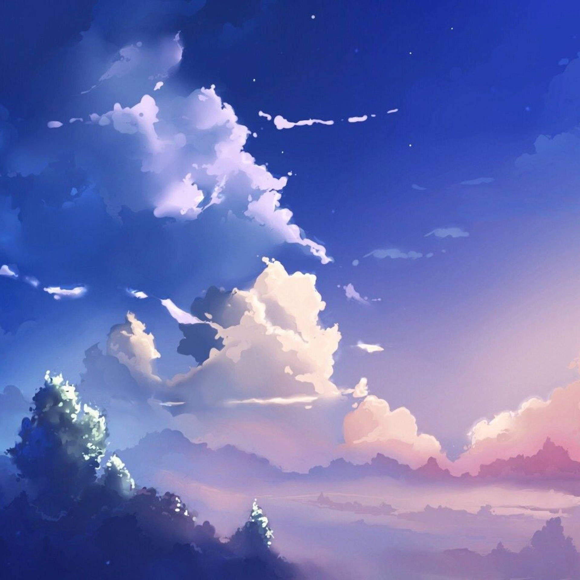 Wolkenhimmel, Anime-Stil, Blau, Kumuluswolken, Abendlicht, Hintergrundbild fürs iPad