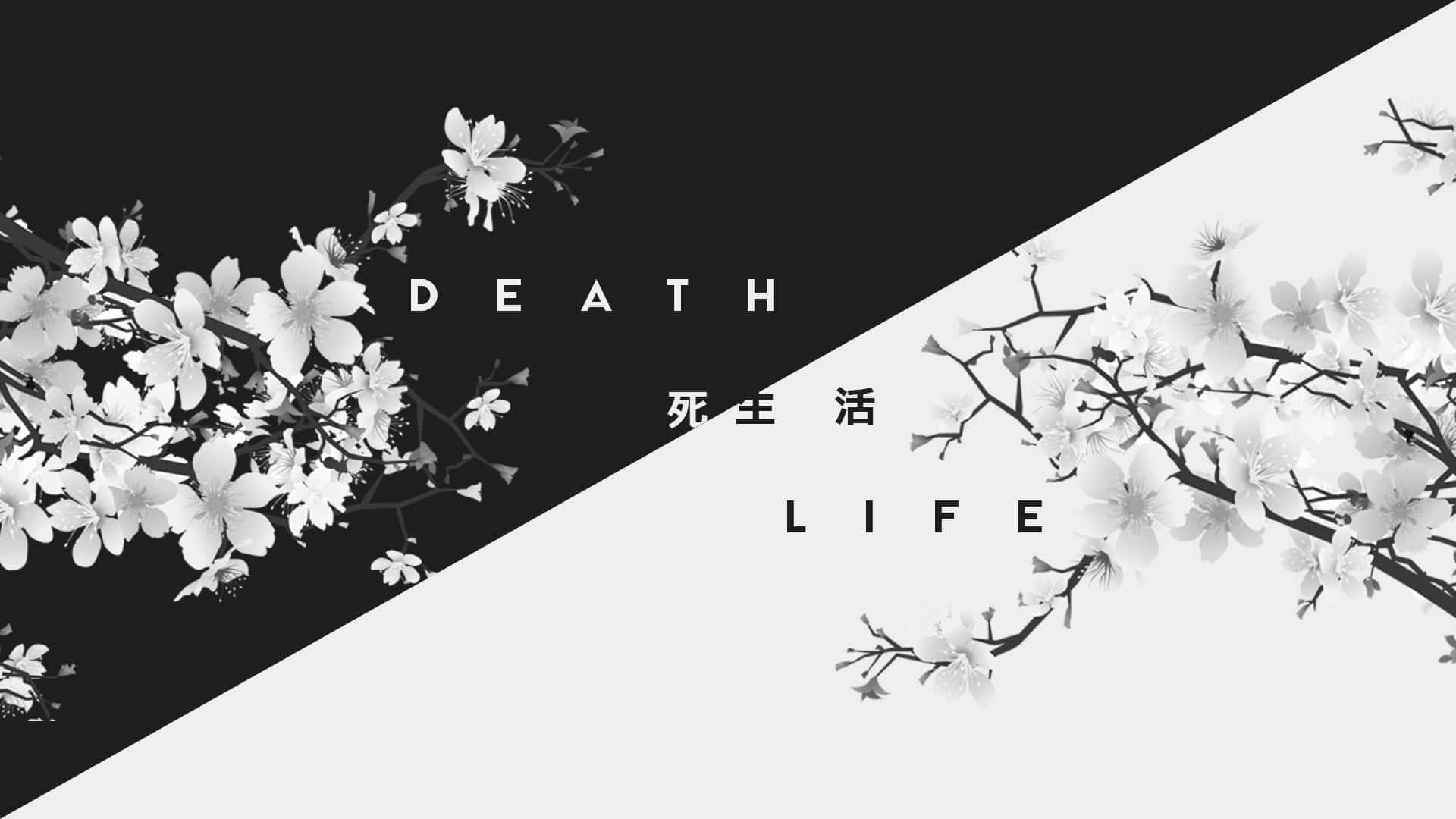Death Life, Kirschblüten, Japanische Schriftzeichen, Schwarz und Weiß, Diagonal, 1080p-Hintergrundbild