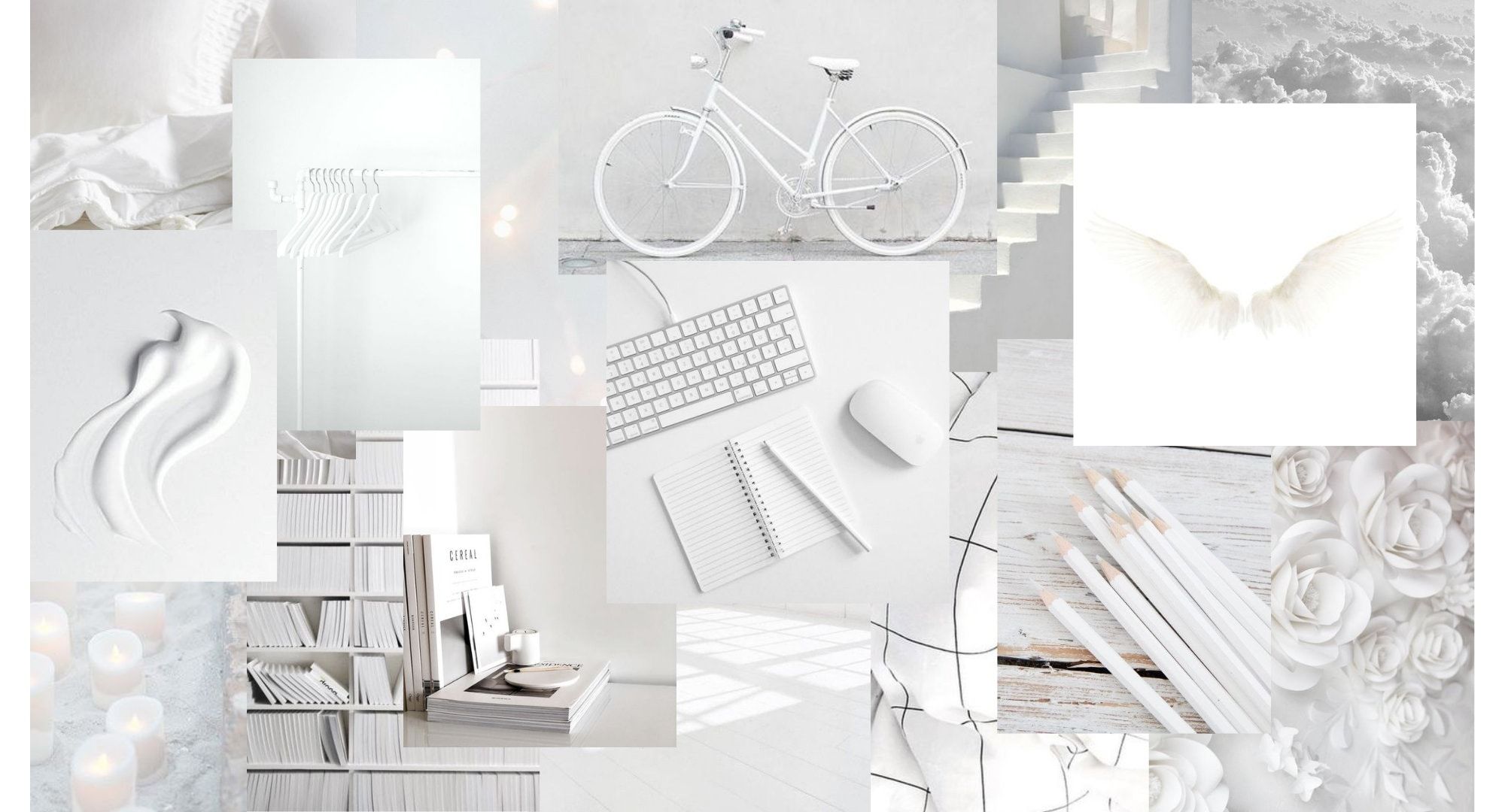 Collage, Fahrrad, Engelsflügel, Tastatur, Weiße Ästhetik, Full HD, Laptop-Hintergrundbild