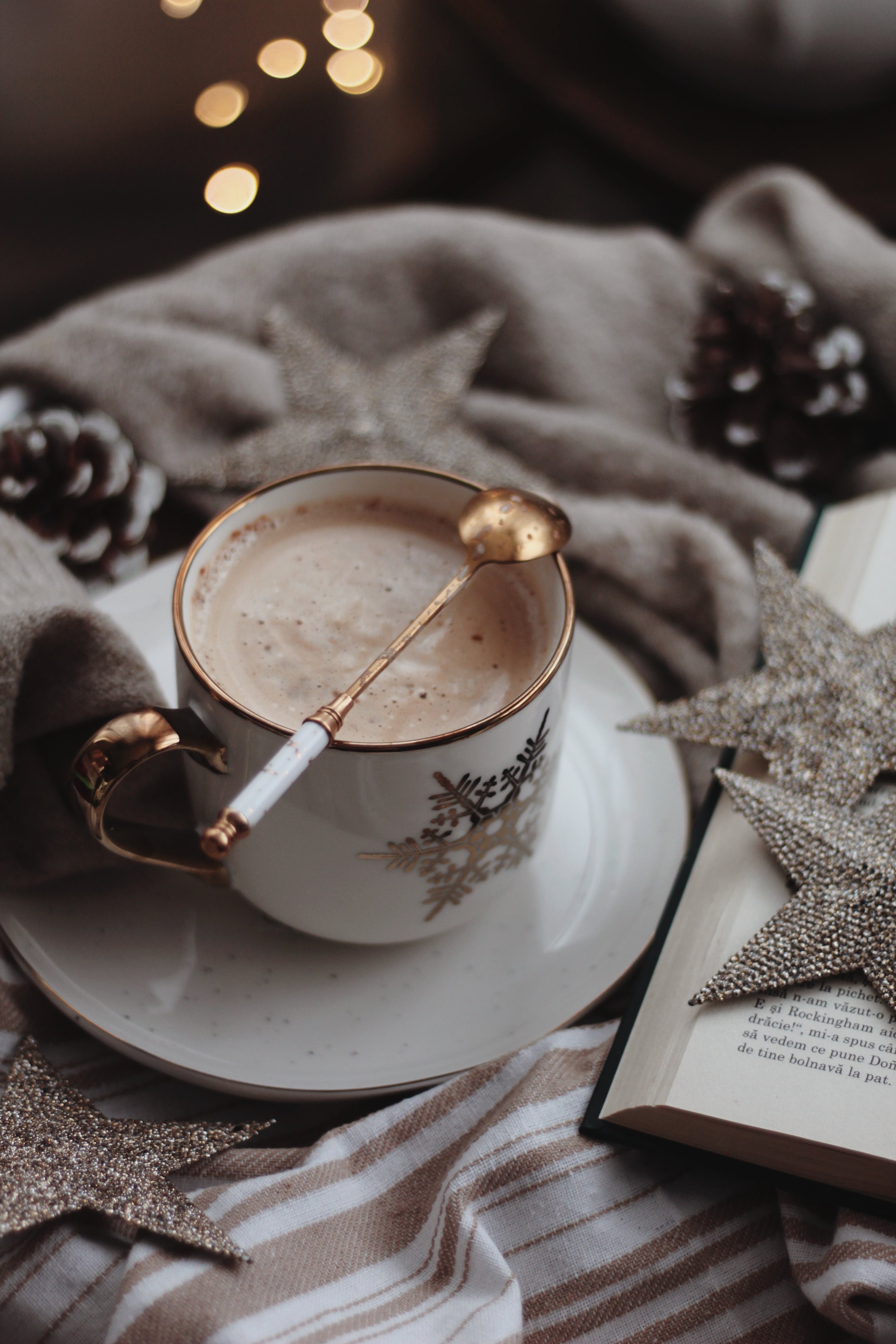 Kakao, Tasse, Tannenzapfen, Lichterketten, Gemütlichkeit, Winter, QHD+, Handy-Hintergrund