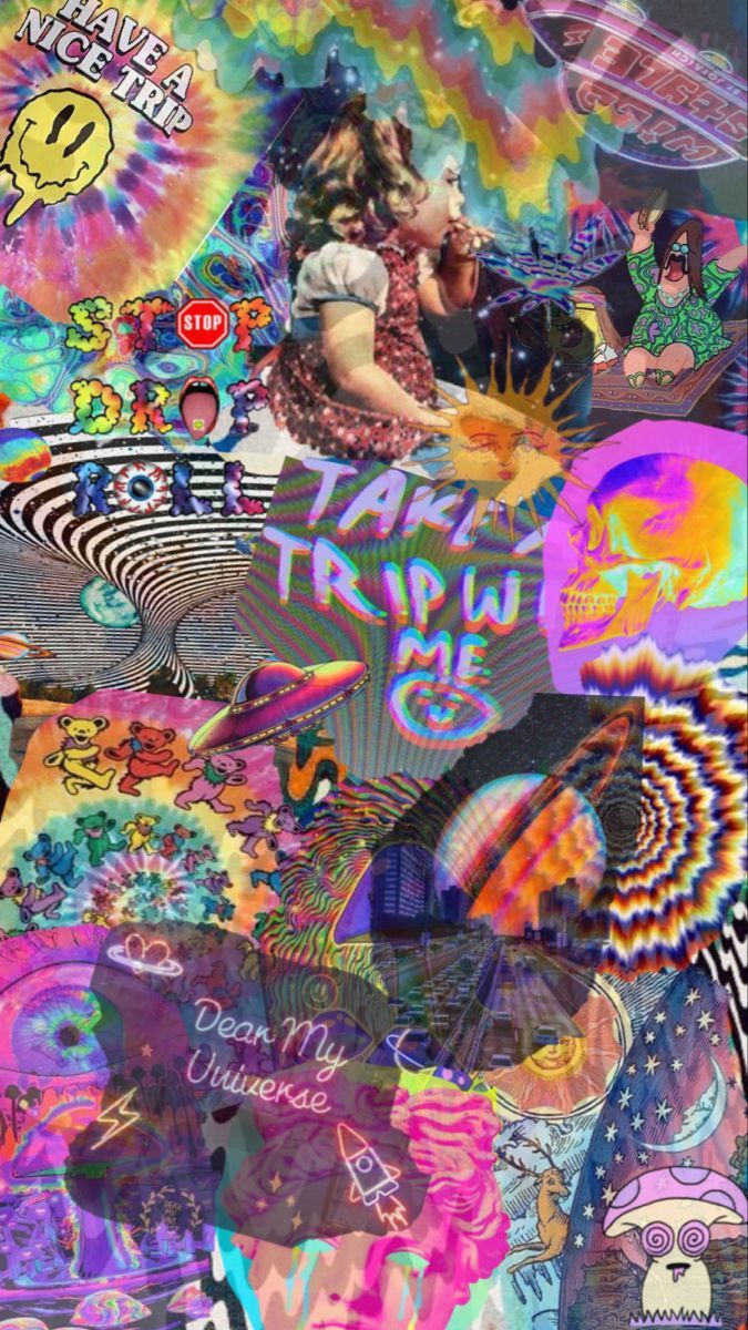 Psychedelische Kunst, Collage, Bunt, Hippie, Pilze, Hochformat, Hintergrundbild fürs Smartphone