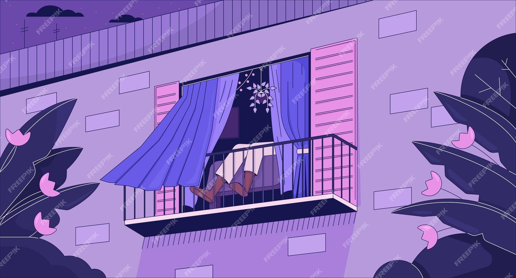 Balkon, Hängematte, Illustration, Lila, Nacht, Pflanzen, Full HD, Desktop-Hintergrund
