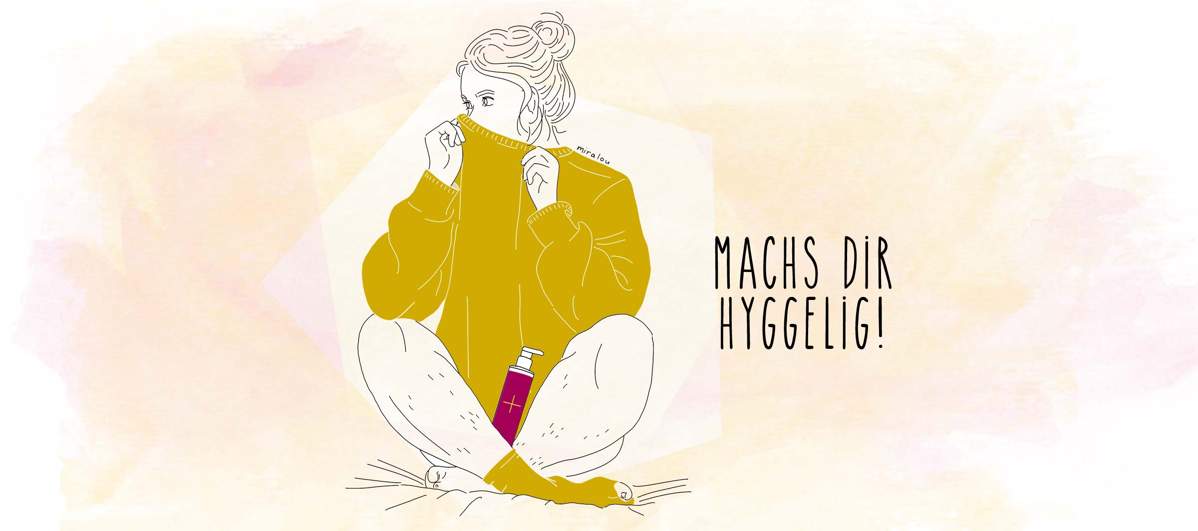 Machs dir hyggelig, Hygge, Strichzeichnung, Frau, Pullover, Senfgelb, Full-HD-Hintergrundbild für PC