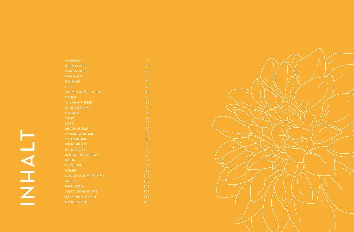 Inhaltsverzeichnis, Orange, Blumenzeichnung, Typografie, Layout, Hintergrundbild