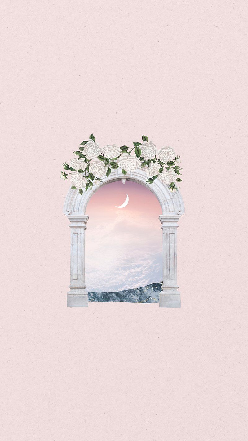 Torbogen, Blumen, Himmel, Rosa, Collage, Hochformat, Hintergrundbild fürs Smartphone