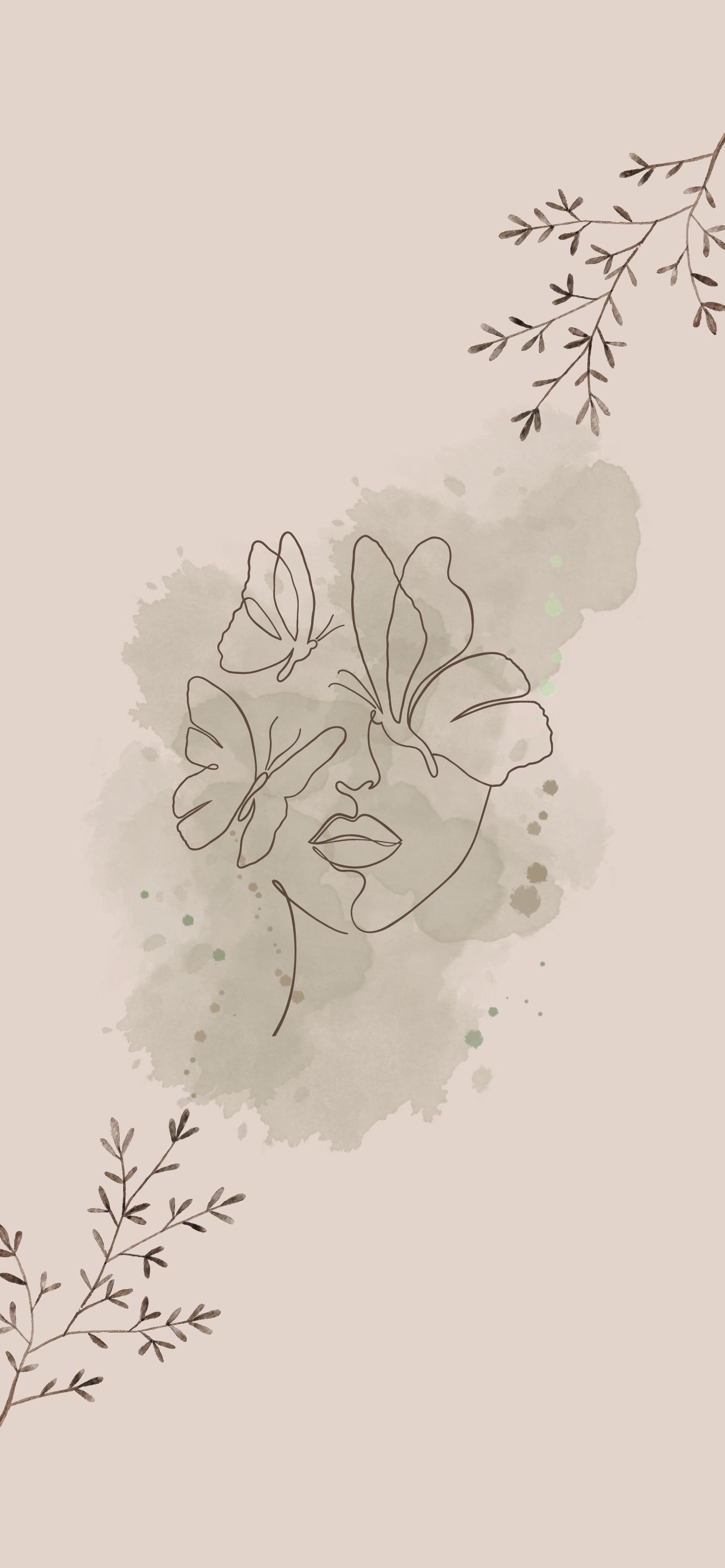 Frauengesicht, Line Art, Aquarell, Zweige, Beige, Full HD, Sperrbildschirm fürs iPhone