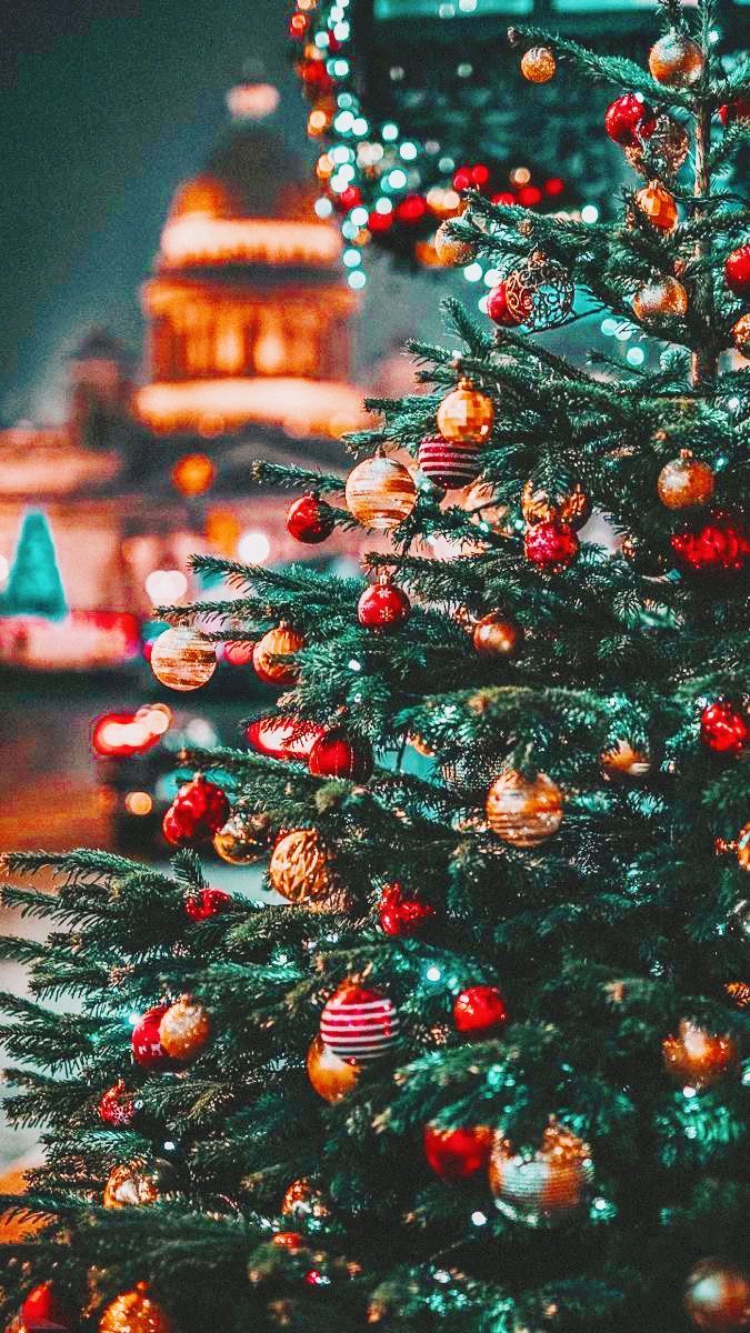 Weihnachtsbaum, Christbaumschmuck, Stadt, Bokeh, Abend, Hochformat, Hintergrundbild fürs Smartphone