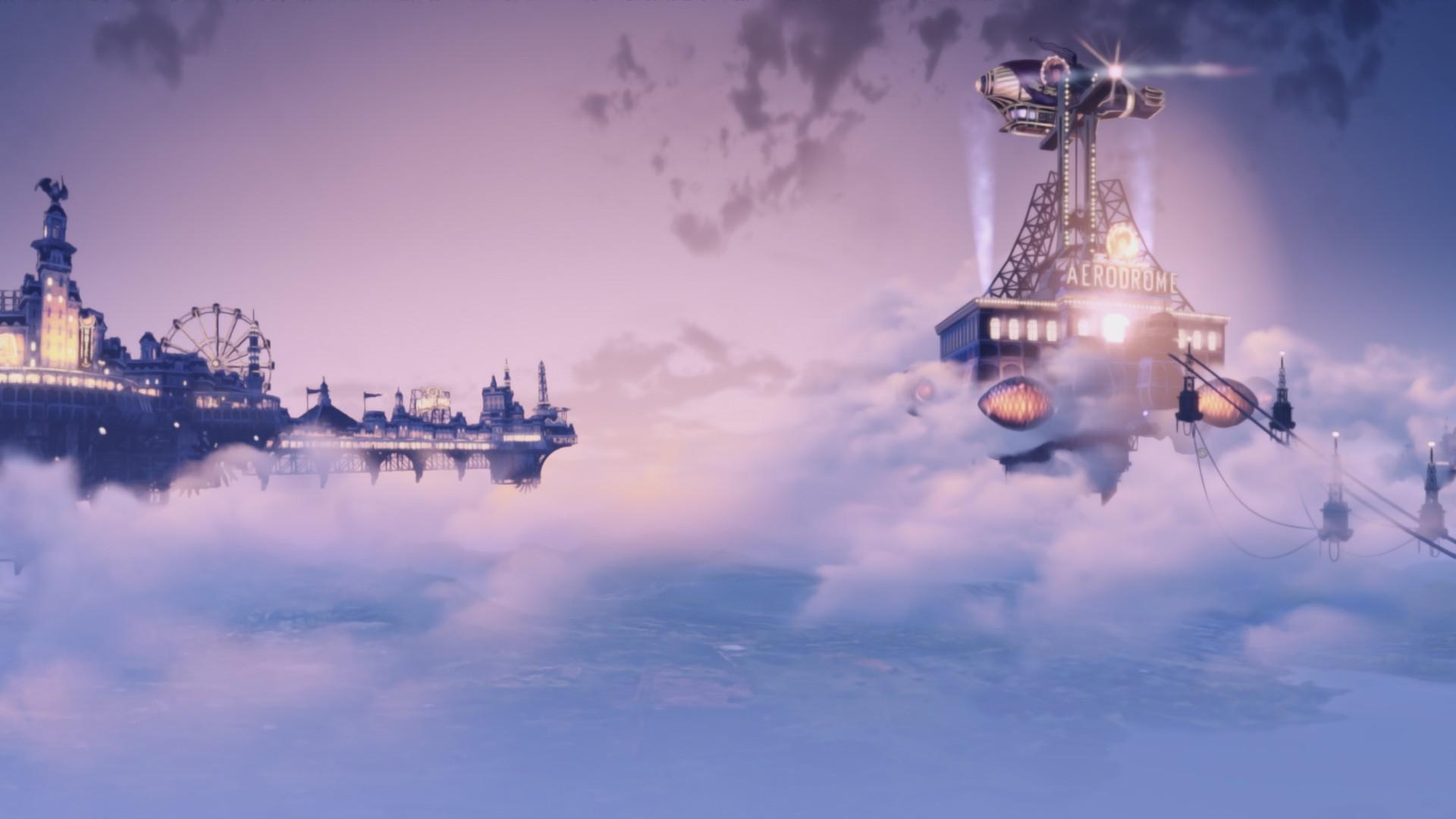 Fliegende Stadt, Luftschiff, Wolken, Fantasy, Full HD, Desktop-Hintergrund für Windows