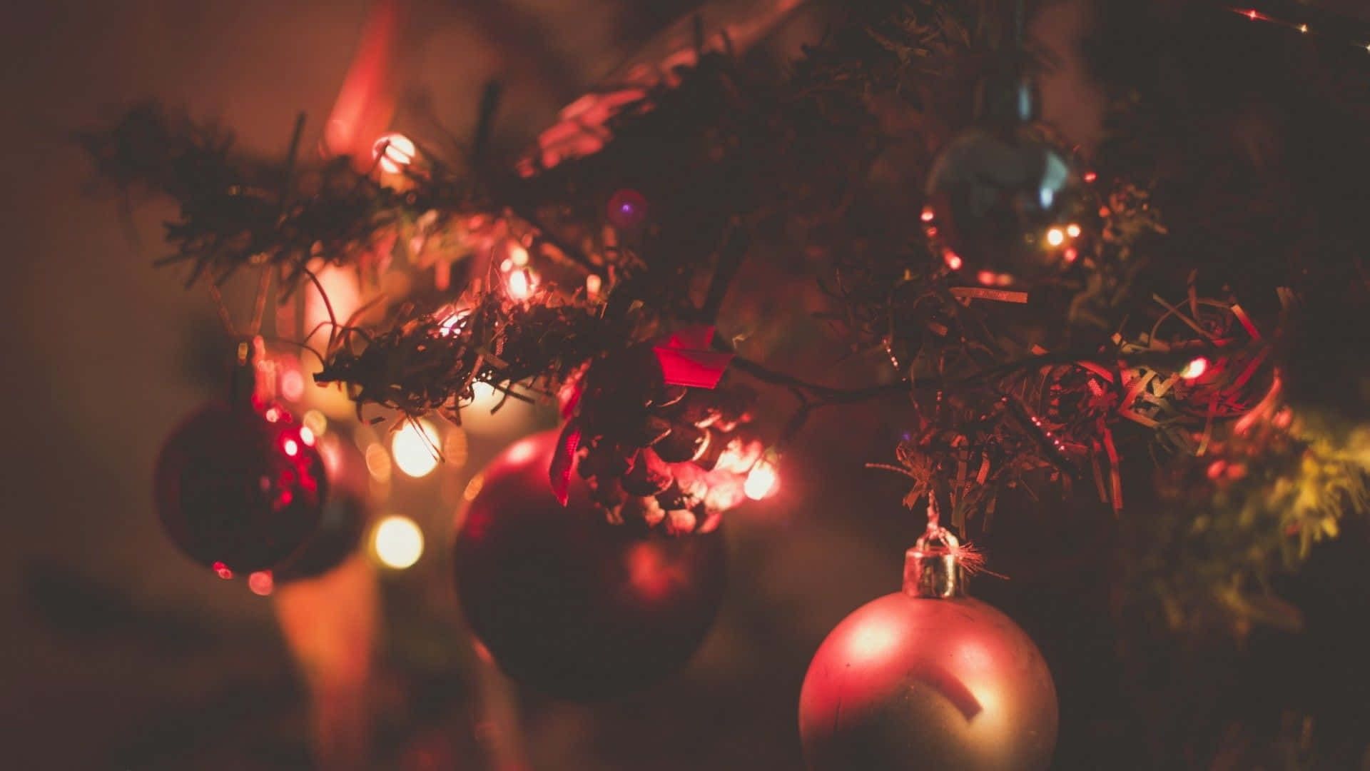 Christbaumkugeln, Rot, Lichter, Bokeh, Nahaufnahme, Full HD 1080p, Desktop-Hintergrundbild