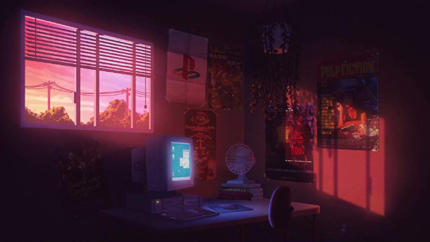 Retro-Zimmer, Computer, Poster, Abendlicht, Rot, HD, Hintergrund für den Desktop