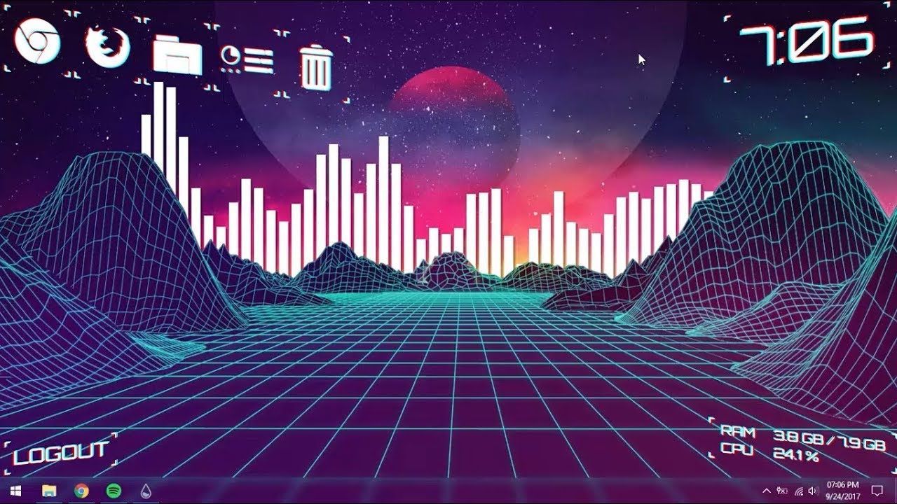 Desktop-Screenshot, Synthwave, Audio-Visualizer, Neon-Gitter, Rainmeter, HD, Laptop-Hintergrundbild