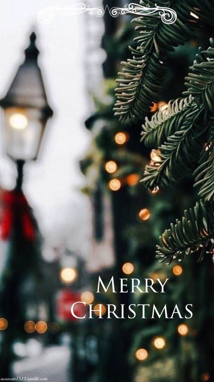 Merry Christmas, Straßenlaterne, Tannenzweige, Schriftzug, Straße, Android-Hintergrundbild
