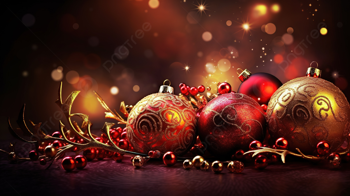 Christbaumkugeln, Rot und Gold, Ornamente, Bokeh, Festlich, Hintergrundbild