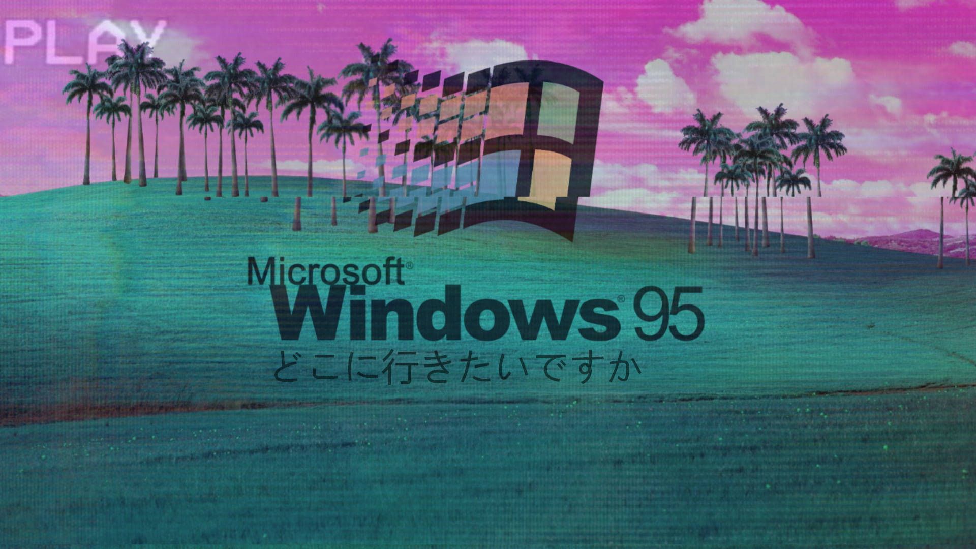 Windows 95, Vaporwave, Palmen, Windows-Logo, Retro, Full HD 1080p, Desktop-Hintergrundbild