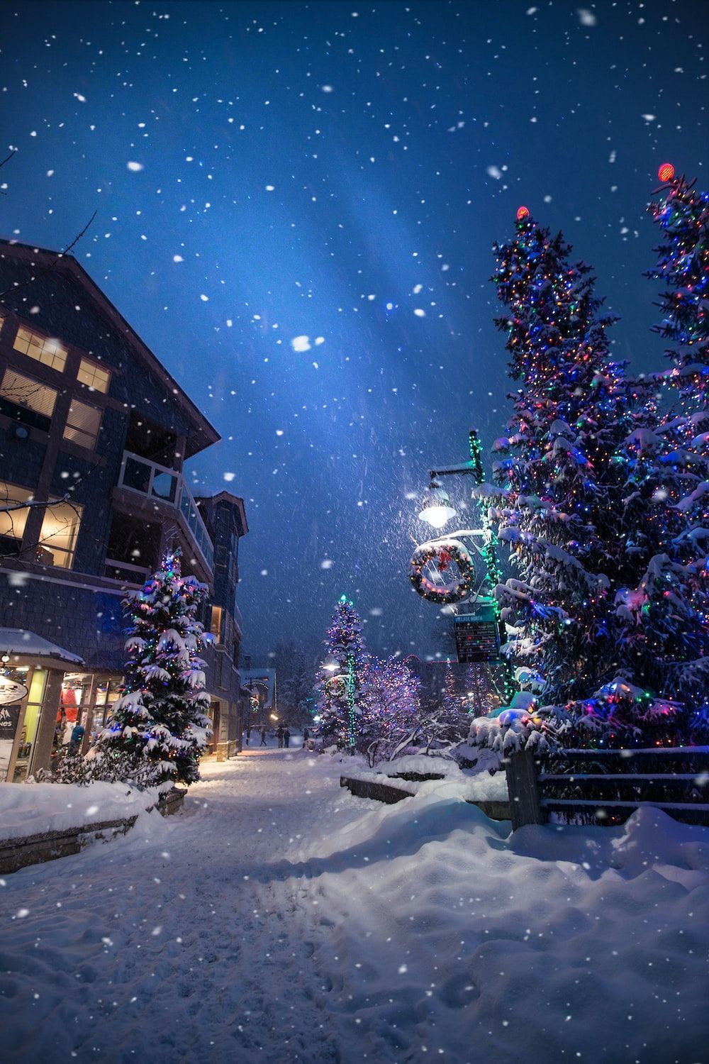 Verschneite Straße, Schneefall, Nacht, Weihnachtsbaum, Winter, HD, iPhone-Hintergrundbild
